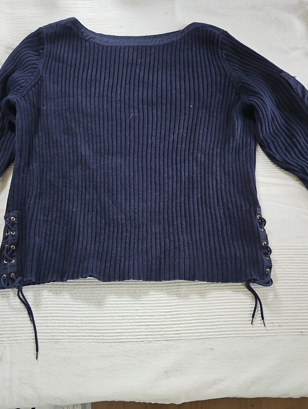 Ralph Lauren Navy Ribbed Scoop-Neck Sweater with Side Lace-Up